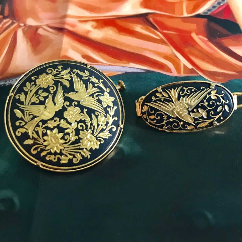 Vintage damascene birds brooch pin and hair clip